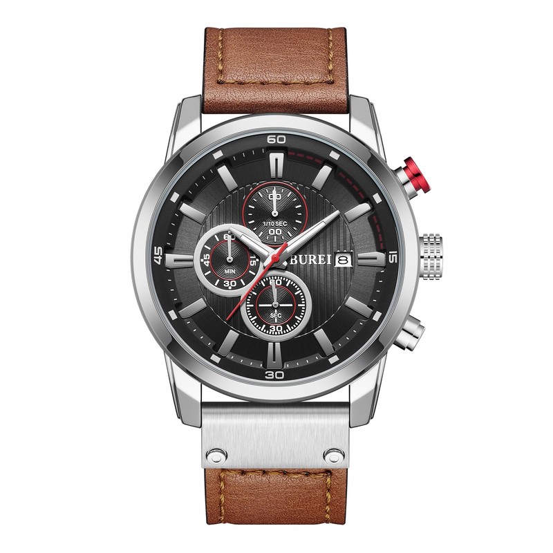BUREI Mens Multifunction Watches Analog Quartz Waterproof Chronograph Auto Date