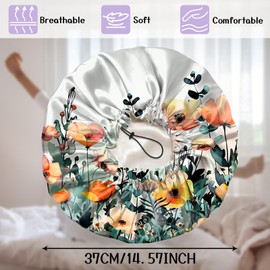 Deokke Luxury Shower Cap Silk Satin Lined Waterproof Reusable Adjustable Elastic Dry Hair Bathing Caps Cute for Women Girls-Floral Leaf