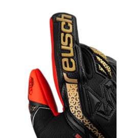 Reusch Attrakt Freegel Silver Breathable Goalkeeper Gloves Men Women Football Gloves for Adults Suitable for All Weather Conditions and Pitch Surfaces, Black/Gold-Red, 11