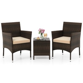 KOTEK 3 Piece Patio Furniture Set, Outdoor Wicker Patio Chairs with Soft Cushions & Tempered Glass Top Table, PE Rattan Bistro Set for Porch, Garden, Balcony (Beige)