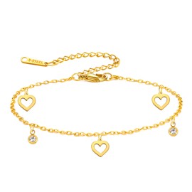 Amaxer Adjustable Stainless Steel Heart Ankle Bracelet with Rhinestone Charm - Shimmering Foot Chain for Women (gold)