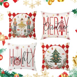 Christmas Cushion Covers Set 4 Pack Red Xmas Pillow Cases Merry Christmas Pillowcovers Cotton Linen Square Decorative Pillows Cases for Christmas Indoor Sofa Bedroom Chair Living Room Home