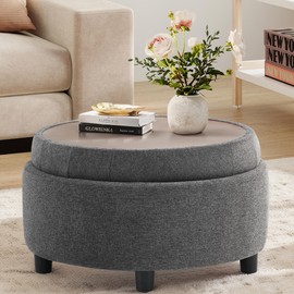 COLAMY Fabric Round Storage Ottoman with Reversible Tray Lid – Multi-Functional Footrest, Hidden Storage, Sturdy & Stylish Small Coffee Table for Living Room, Bedroom, or Entryway(Dark Grey)