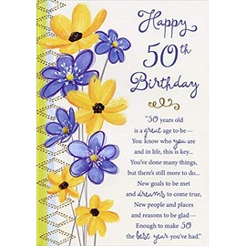 Designer Greetings Puple and Yellow Flowers with Gold Foil Diamond Patterns Age 50 / 50th Birthday Card