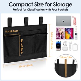 Bedside Caddy Storage Organizer, Hanging Storage Bag Pocket for Bunk/Hospital Beds,College Dorm Organizer for Remotes Phone,College Dorm,Camp,Bed Rails(4 Pockets),Black