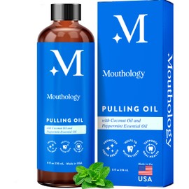 Mouthology Coconut Oil Pulling for Teeth and Gums 8oz (Made in USA), Whitening Pulling Oil Coconut Mint Mouthwash for Fresh Breath Ayurvedic Oil Pulling Mouth Gum Health Oral Care Scraper Oral Care