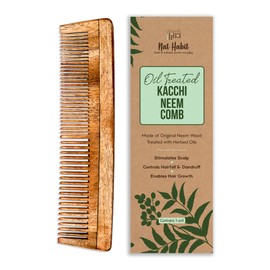 Nat Habit - Back To Natural Secrets Everyday Kacchi Neem Comb Treated With Neem Oil, Bhringraj & 17 Herbs (Dual Tooth) 18-20Cm Length Brown