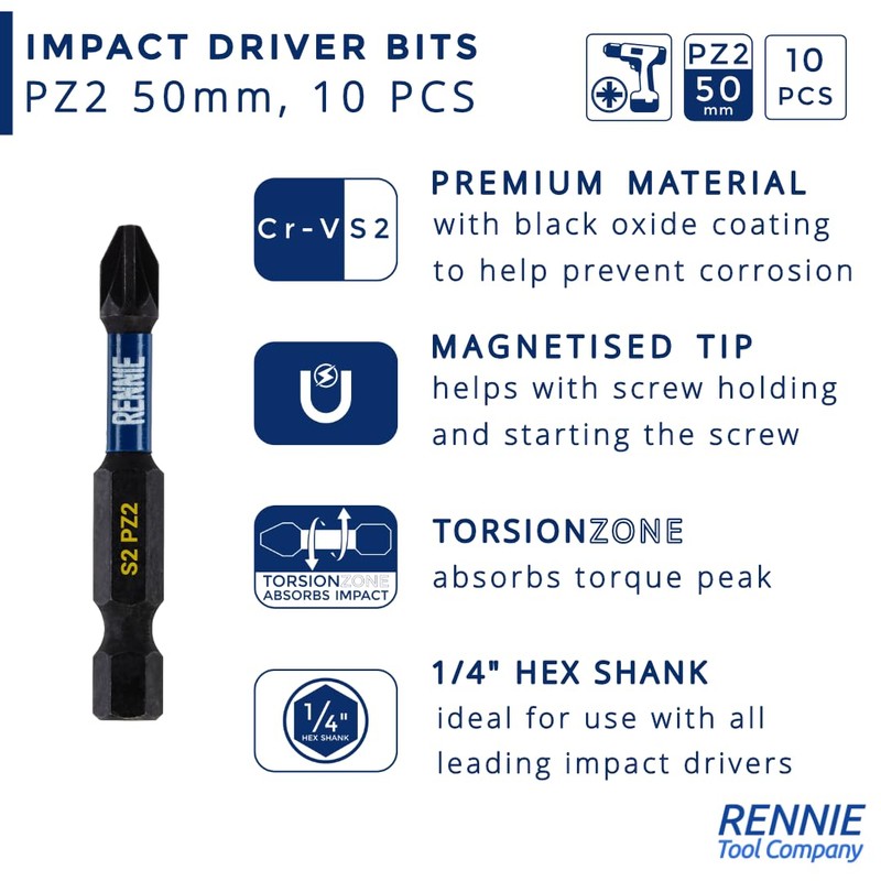 10 x Rennie Tools 50mm Long PZ2 Impact Screwdriver Driver