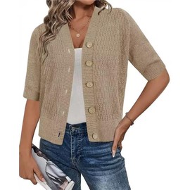 Arach&Cloz Cardigans for Women Summer Short Cardigan V-Neck Button Placket Open Front Sweater Top, khaki