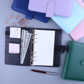 HAUTOCO PU Leather A6 Budget Binder Cover, Refillable 6 Ring Notebook Folder Personal Planner for Money Organiser, Loose Leaf Money Saving Wallet Cash Stuffing Binder, Black