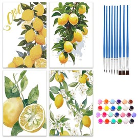 4-Piece Lemon Paint by Numbers Set, DIY Lemon Hand Painted Oil Painting Kit for Adults, Children and Beginners with Brush, Acrylic Pigment and Hanger, Kitchen, Home Decoration Gift, Unframed (20 x 30