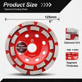 FOCSTOL Diamond Cup Wheel - 125 mm x 22.23 mm Double Row Grinding Wheel for Concrete Granite Marble Masonry Artificial Stone for Angle Grinder