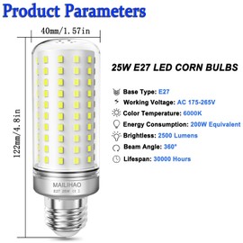 MAILIHAO MAILIHAO 25W LED Mais Glhbirne,6000k Kaltwei? 2500 Lumen 200W Entspricht Glhbirnen Nicht dimmbar E27 Edison Schraube,1er-Pack