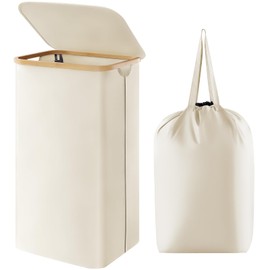 Lifewit 100L Laundry Basket with Lid, Clothes Hampers for Laundry with Bamboo Handles and A Removable Laundry Bag, Large Foldable Laundry Hamper for Bedroom, Bathroom, Dorm, Laundry Room, White