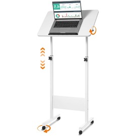 Podium Stand with Wheels, Mobile Podium Adjustable Standing Desk Height 360° Swivel Desktop, Portable Rolling Lecturns and Podiums for Teaching, Presentations, and Commuting Use