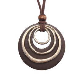 Popeoiuh Leather Choker Necklaces for Women Boho Vintage Alloy Circles Round Wooden Pendant Necklace with Long Brown Leather Cord