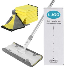 Reusable Microfiber Flat Mop for Floor Cleaning, 10.8 in (27.5 cm) Aluminum Base with 52 in Aluminum Handle, Includes 4 Washable Pads for Wet & Dry Use – LJGG (Gray/Yellow)