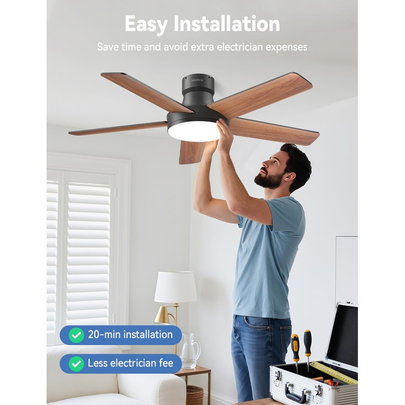 AKOFUN Ceiling Fans with Lights, 44 Inch, 6 Speeds, Stepless