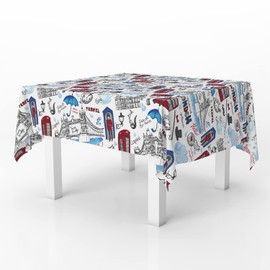 Xtremepads London Landmark Symbols Pattern Pattern - Square Linen Tablecloth, 60" x 60" inches Washable Decorative Table Cloth