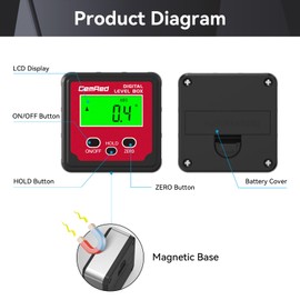 GemRed Digital Protractor with Magnetic Base, LCD Display Digital Spirit Level, Waterproof Inclinometer Bevel Box, Angle Measuring Device Inclinometer for Woodworking, Construction, Decoration