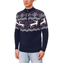 Wayleb Christmas Jumper Men's Half Zip Christmas Jumper with Reindeer and Snowflakes Funny Christmas Jumper for Christmas Parties and Festive Occasions S-3XL, navy blue