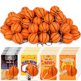 JMUQ 60 Pack Valentine's Day Sports Gift Cards with Basketball Keychains Valentine's Day Cards Stress Ball Keychains for School Classroom Exchange Gifts Classroom Prizes Valentine's Day Party Favors