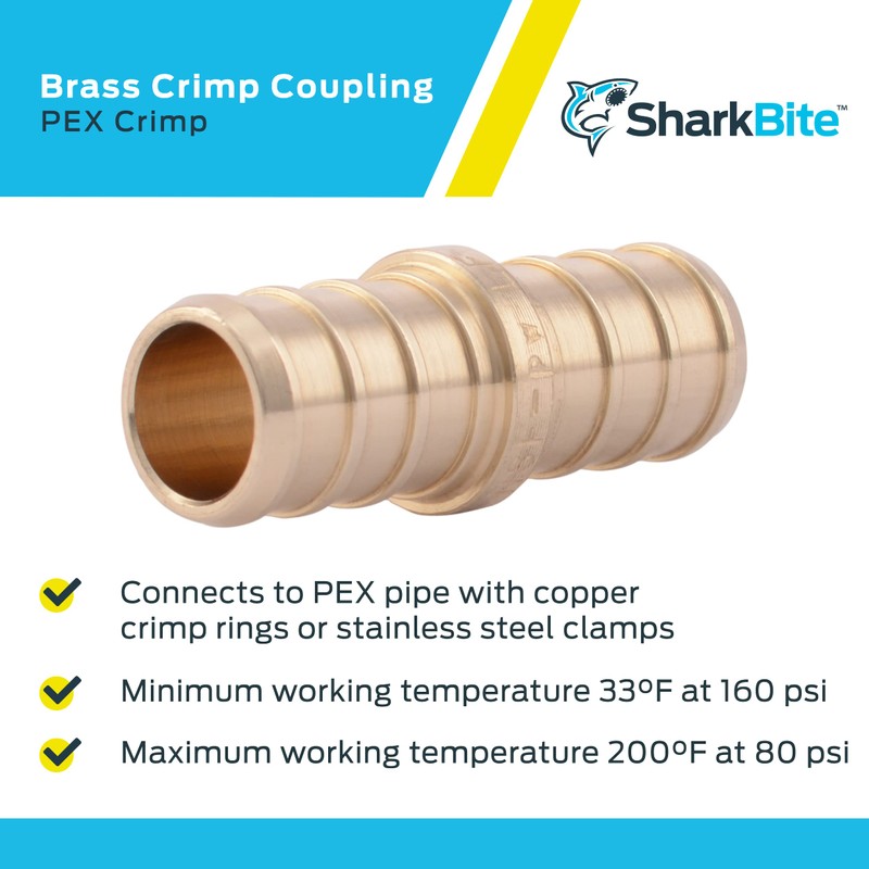 SharkBite 1/2 Inch Crimp Coupling, Brass Plumbing Fitting, PEX Pipe,