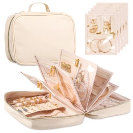 KPWEPK Travel Jewelry Organizer Case,Jewelry Storage Book Binder with Clear Zipper Pouch & Lining-Portable Jewelry Bag for Earrings,Rings,Necklaces,Bracelets-Perfect for Women,Traveling (Off-white)