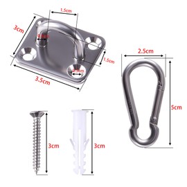 AOMIKITSTU Ceiling Hooks Heavy Duty Pack of 4, 3.5 cm x 3 cm x 2.1 cm Stainless Steel Carabiner, Stainless Steel Eye Plate, Ceiling Hook and Carabiner, Stainless Steel Cover Plate for Hanging Sail