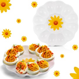 LOYIM Ceramic Deviled Egg Platter Easter Egg Holder 12 Holes Round Deviled Egg Plates Sunflower Deviled Egg Tray for Easter Kitchen Refrigerator Countertop Display Egg Container Festival Party Favor