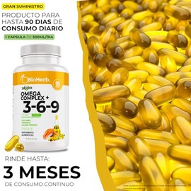 BioHerb® | Omega Complex+ 3, 6 y 9 con Alta Concentracion de EPA y DHA Naturales con 90 SoftGels de 1000 mg (Suministro 90 Días) – Mezcla de Aceites E