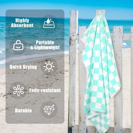 Checkered Beach Towel Aqua - Big 35" x 70" for Adults Kids, Cute Cotton Funny Pool Towel for Swim, Cruise, Travel