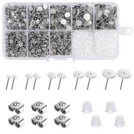 Stud Earrings Set, Stainless Steel Earrings Studs, Flat Pad with Earring, Back, Butterfly Ear Stoppers, Clear Rubber Ear Stoppers for DIY Earrings and Jewellery Making, 1800 Pieces (Silver)