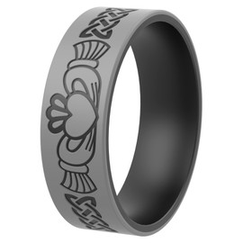 ThunderFit Silicone Wedding Ring Unisex, Laser Printed Design 9mm Wide 2mm Thick (The Claddagh - Black-Grey - Size 9.5-10 (19.8mm))