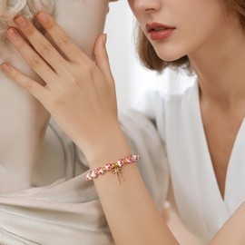 Vinswet Birth Flower Bracelets, Beads Bow Charm Bracelet for Women Vintage Birth Month Floral Birthstone Bracelets Birthflower Jewelry Birthday Gifts for Women, 7.5, Stone, no gemstone