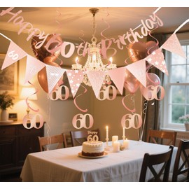 Melhope 60th Birthday Party Decorations Rose Gold Happy Birthday Bunting Banner Triangle Flag with 6pcs Hanging Swirls Streamers for Girl Women Party Decor Supplies
