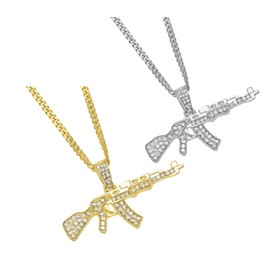 2Pack Set Unisex Gold and Silver Plated Gun Necklaces For Women Men,Trendy Dainty Non Tarnish Chunky 14k Gold Cubic Zirconia AK-47 Gun Charm Necklace Set Gold Chain Necklace For Women, Normal,
