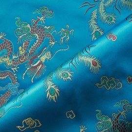 Chinese Embroidered Brocade Fabric 100% Polyester Silky Satin Dragon Floral Prints 44” Wide Various Colours Available (Dragon Turquoise)