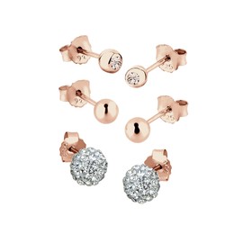 Elli Women's Earrings Set of 3 with Crystals in 925 Sterling Silver Rose Gold-Plated, Facet cut, Crystal