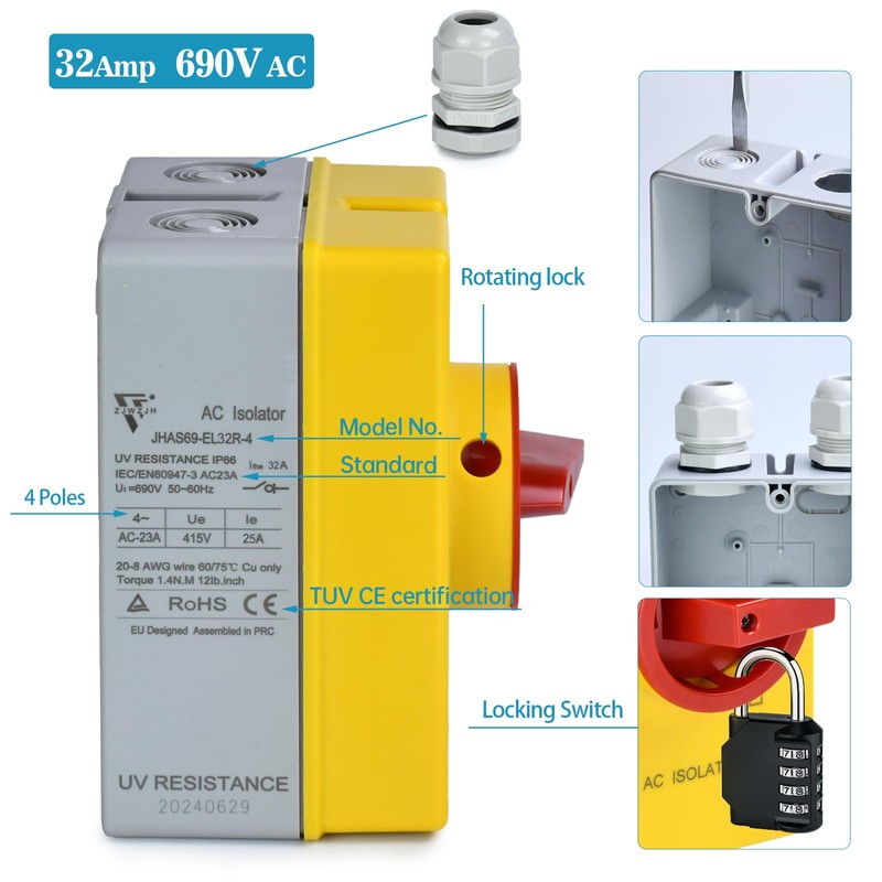 32 Amp AC Disconnect Switch Box Outdoor, 110V 220V 690V