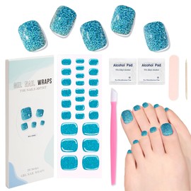 XEAOHESY 26pcs Semi Cured Gel Toe Nail Strips, Pedicure Nail Strips, Toe Nail Stickers, Needs to Be Cured, Come With Nail File, Wood Cuticle Stick, Prep Pads, Plastic Press Stick（Blue+Glitter）