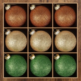 Rotatingpals 9 Pcs 2.36" Christmas Glitter Ball Glass Christmas Ornaments Set Glass Ornaments Hanging Balls for Holiday, Xmas Tree Decorations(Glitter Brown, Dark Green, Creamy White)