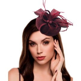 Focupaja Fascinators Hats Women Pillbox Hat with Mesh Veil Feathers Derby Headband Wedding Headwear Tea Party Hair Clip 20s 50s Top Hat 063-Wine red
