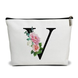 Flower Letter Makeup Bag Letter V Cosmetic Bag Alphabet Initial Makeup Bag Birthday Gifts for Women Mom Friend Bride Bridesmaid Cosmetic bag(A022)