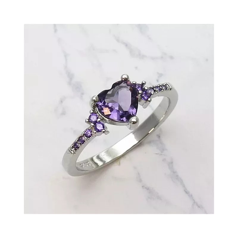Dtup Anillo De Compromiso Corazón Morado Amatista Plata S925 Nf