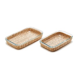 Two's Company Island Chic Set of 2 Borosilicate Glass Baking Dish with Removable Handwoven Lattice, 2.2L and 3L, Glass, Kitchen Serveware Accessories