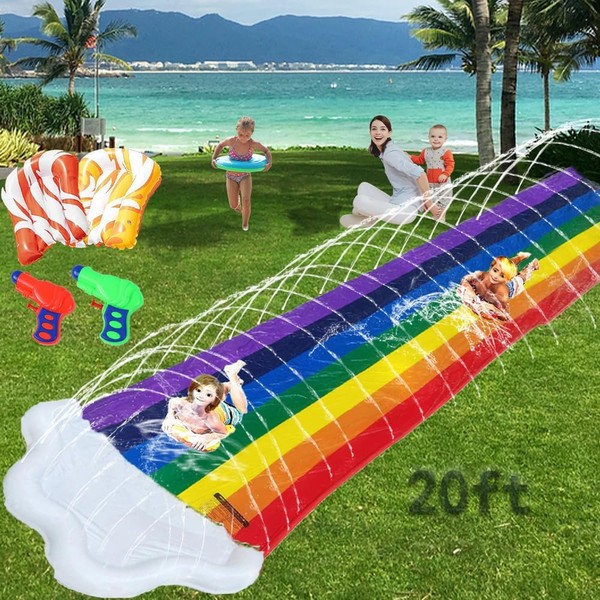 20ft Slip Splash and Water Slide for Kids Adults Lawn Backyard Outdoor Splash Sprint Racing Inflatable waterslides with Crash Pad