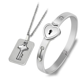 SONGCHANGJEWELRY Lock Bracelet and Key Necklace - Titanium Steel Couples Heart Bracelet With Key Necklace, Romantic Gift for Valentines Day, Birthday, Christmas, Wedding, Anniversary（silver bracelet）
