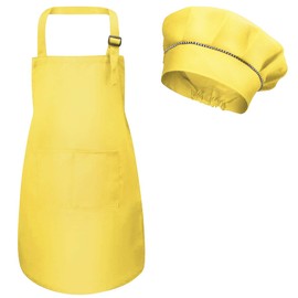 Fodlon Children's Apron and Chef Hat, Adjustable Kids Chefs Apron with Pockets for Boys Girls Toddler Kitchen Garden Aprons for Cooking Baking Painting Crafts (M for 3-6 Years) (Yellow), yellow