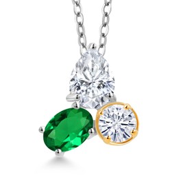 Gem Stone King 925 Sterling Silver and 10k Yellow Gold White Moissanite and Nano Emerald 3